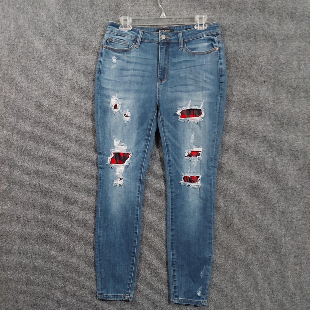 Judy Blue Jeans‎ Womens 11 30 Skinny Fit Blue Distressed Plaid Patchwork Ripped